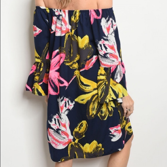 Navy Floral Off Shoulder Tunic Dress - Picture 2 of 6